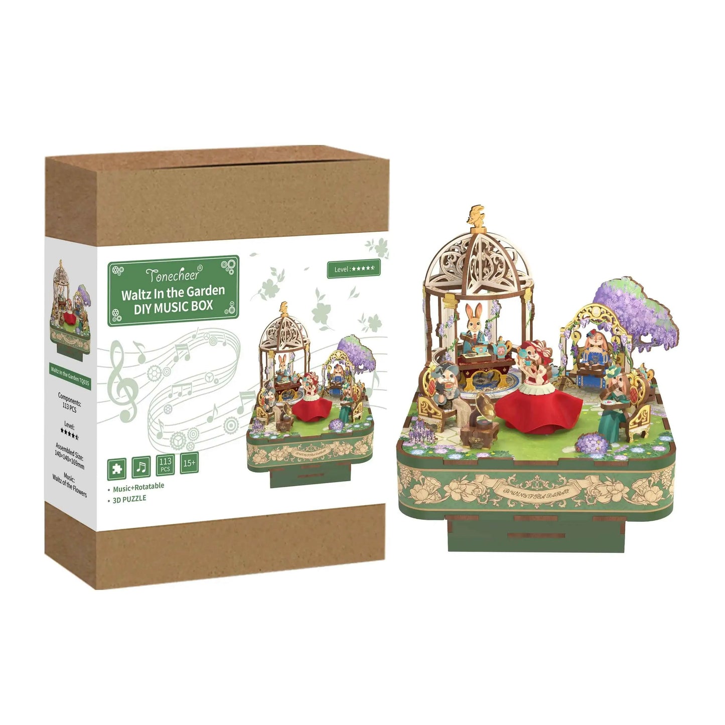 TONECHEER 3D Creative Musical Puzzle DIY Rotating Music Box Kit (Waltz in the Garden)