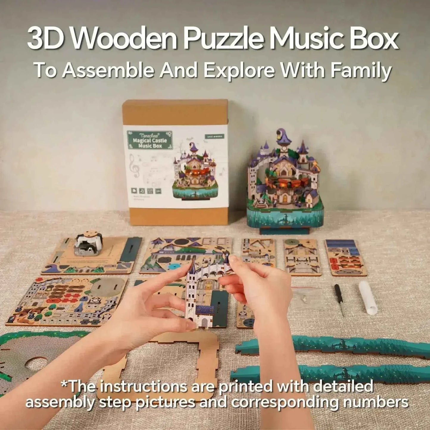 TONECHEER 3D Creative Musical Puzzle DIY Rotating Music Box Kit (Magical Castle)